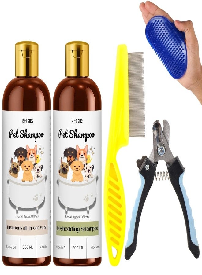 REGIIS Pet Grooming Kit, Dog Shampoo Set with Deshedding Tool, Flea Comb, Nail Clippers, Blue Massage Brush, 200 ML Bottles, for All Types of Pets(5 Pack) - Image 1